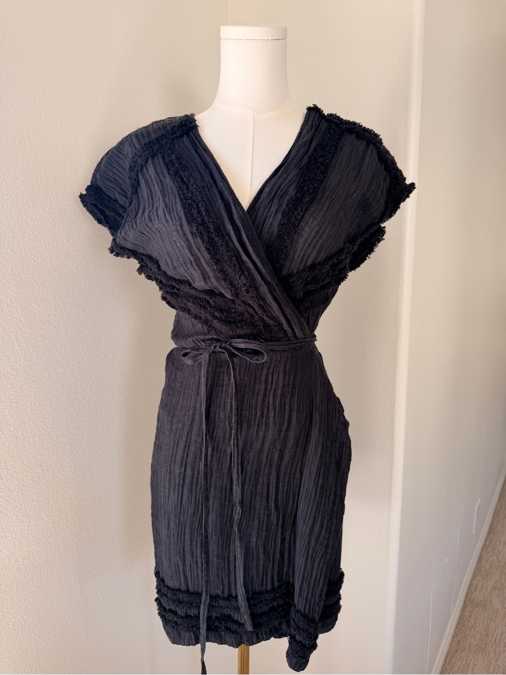 IRO Black Crinkled Wrap Midi Dress with Tie Waist